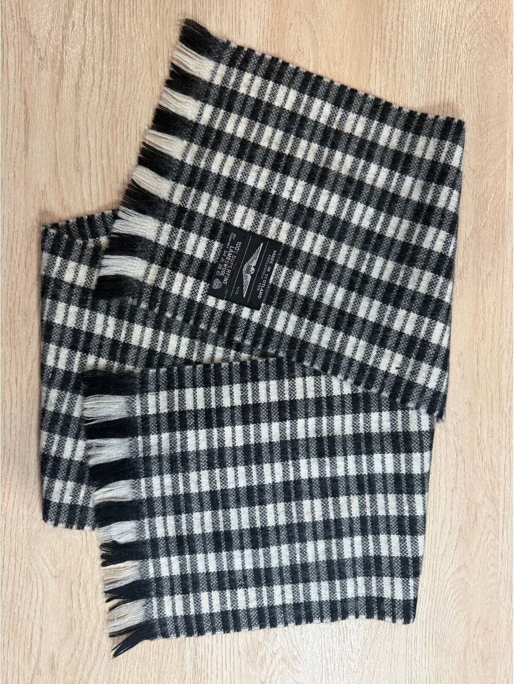 Lambswool Scarf Made in Scotland Black Cream Check Plaid Fringe Winter Muffler